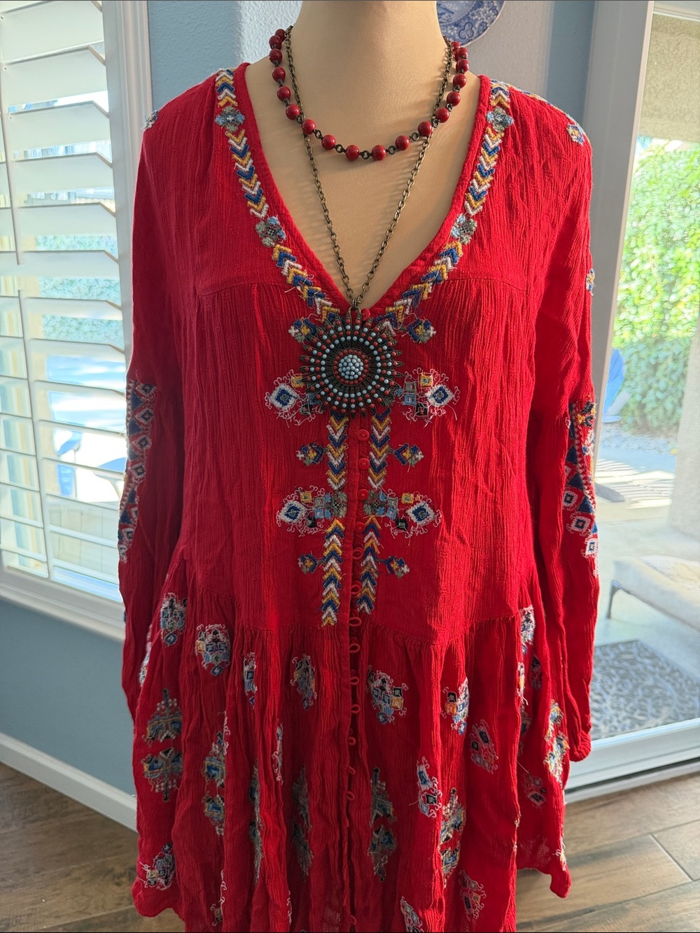 Free People Red Embroidered V-Neck Boho Tunic/Dress